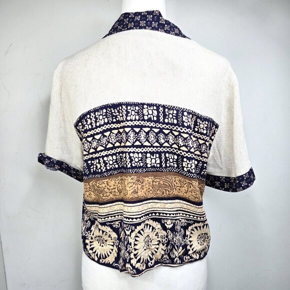Vintage JSJ Petites Navy White Woven Tapestry Navajo Aztec Crop Length Shirt USA - Picture 7 of 9